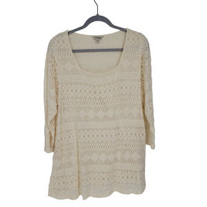 Lucky Brand Women's Size 1X 3/4 Sleeve Square Neck Pullover Lace Ivory Blouse